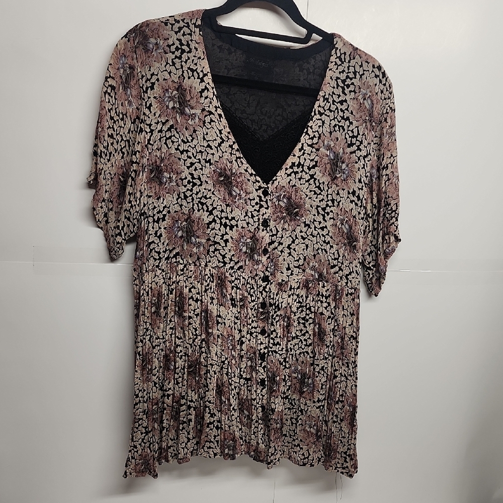 Nostalgia Vintage Black & Pink Mauve Floral Feminine Blouse Sz S Boho Romantic